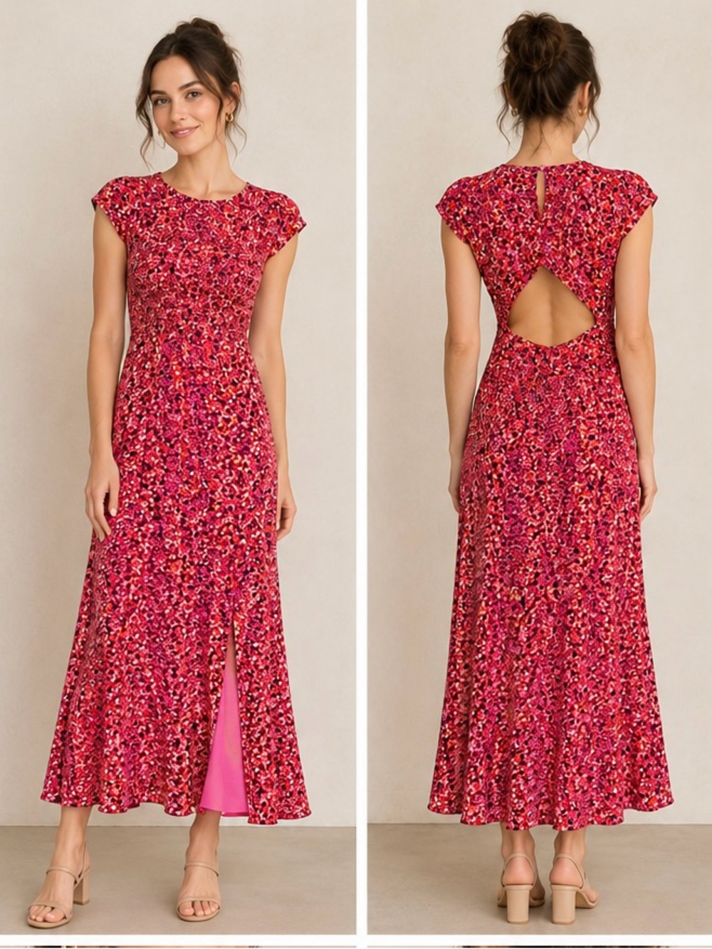 Reiss Pink Floral Cap-Sleeve Maxi Dress